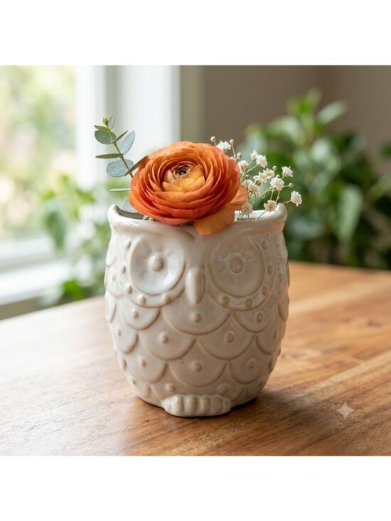 Unmarked Other - White Ceramic Owl Utensil Holder Crock Embossed Boho Farmhouse Kitchen Decor